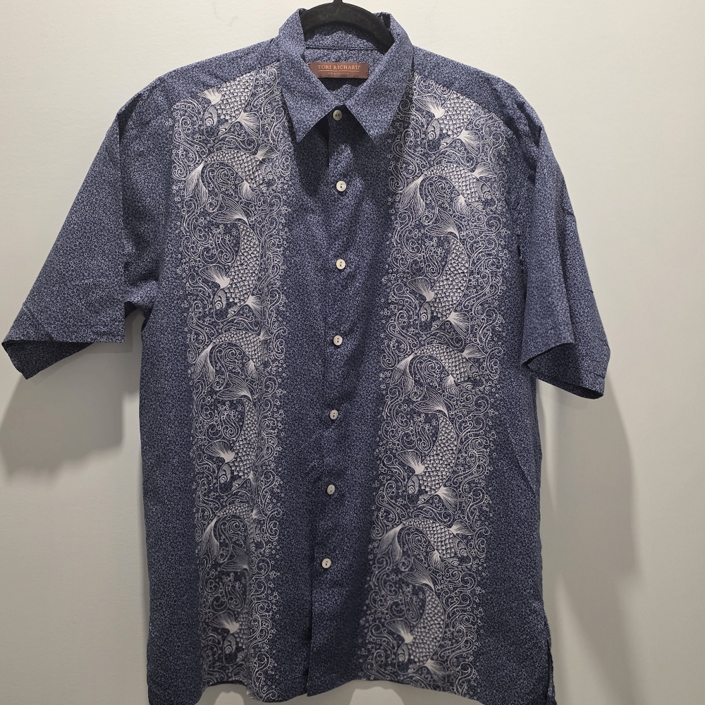 Tori Richard Shirt Medium‎ Blue Koi Fish Tropical Hawaiian USA